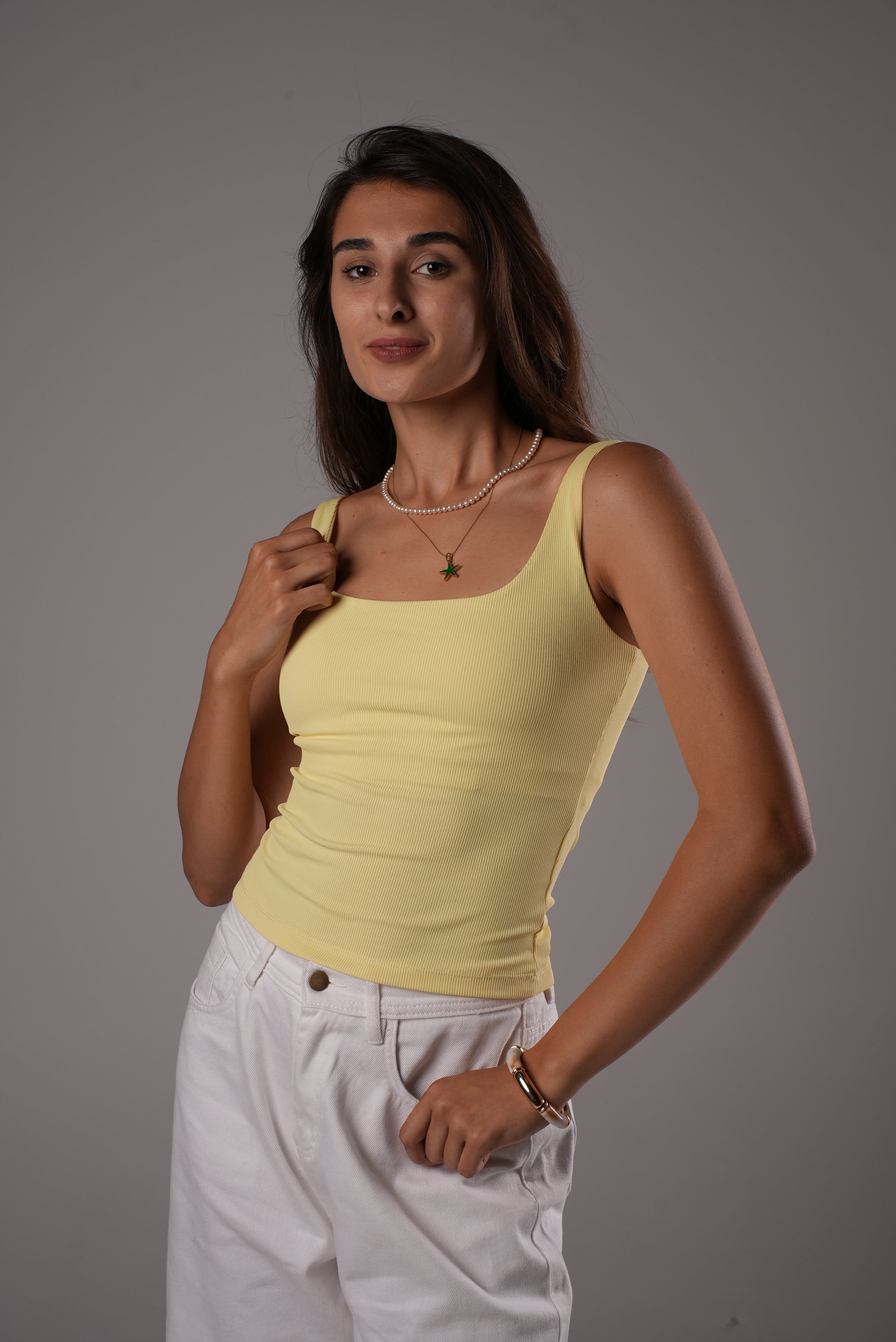 Yellow scoop padded top