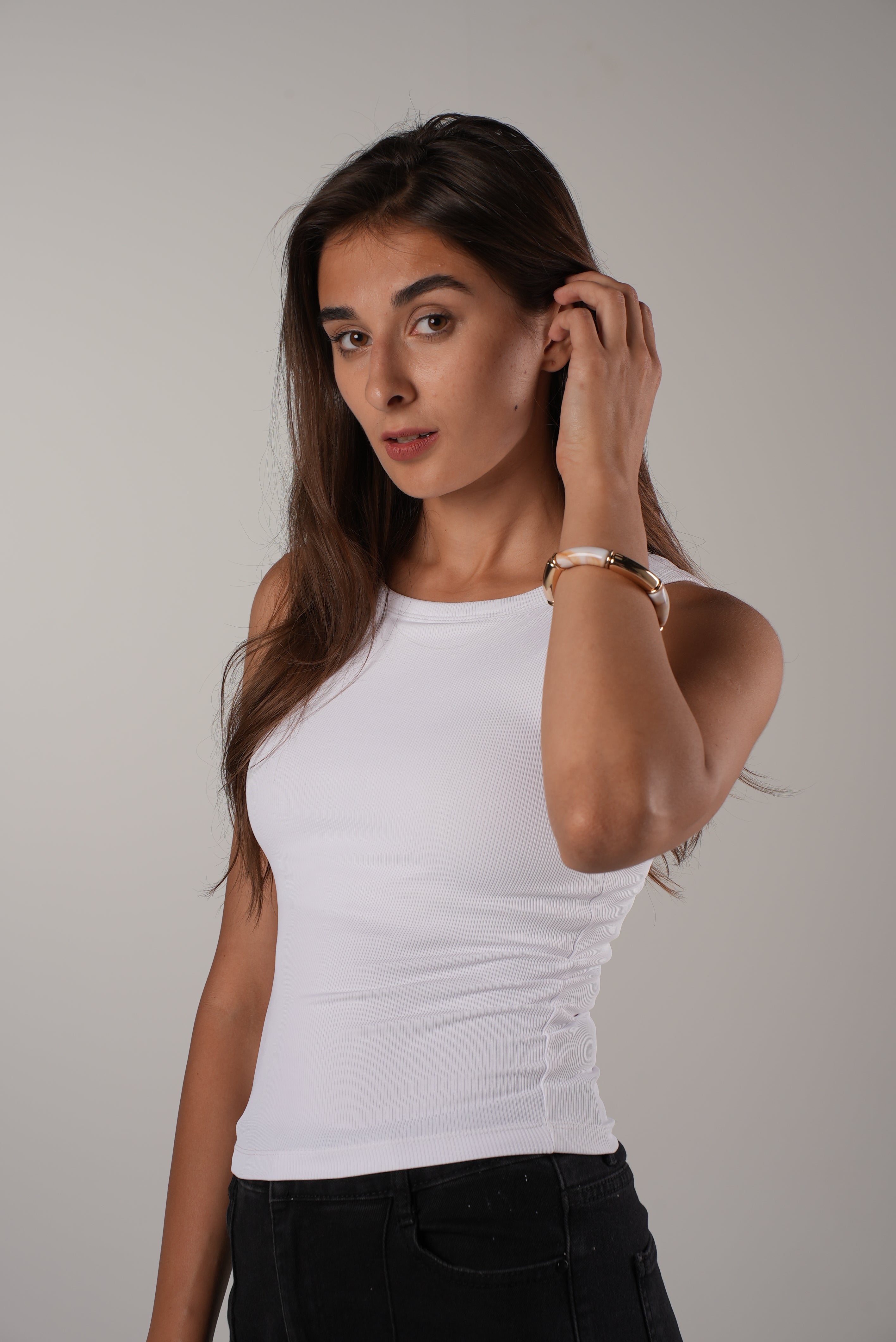 White crew padded top.